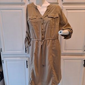 Lane Bryant Plus Size Khaki Tan Midi Safari Styled Drawstring Vneck Lined Dress